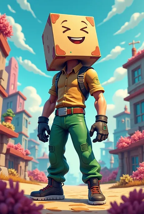  create a Fortnite style character that allows you to see the whole body, with the respective characteristics : green pants and a cardboard box instead of the head