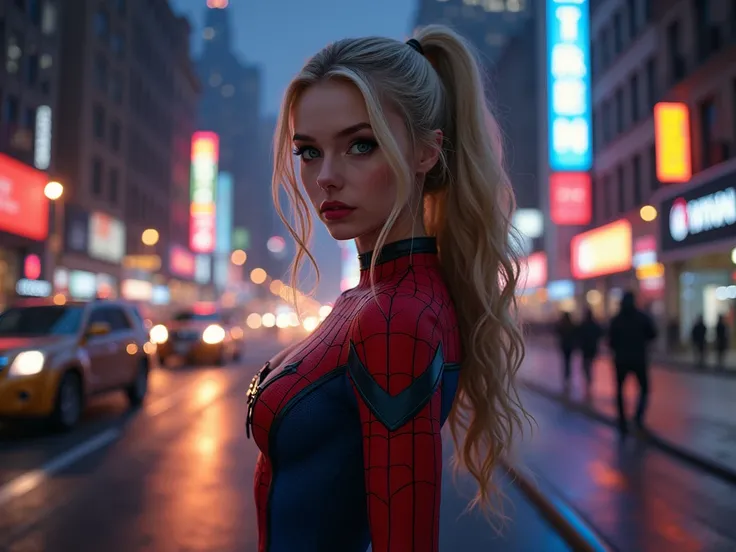 Long distance wallpaper ,  in a bustling city during the night , of the characters Peter Parker ( Spider-Man, 18 years old,  young woman with a striking face due to her beauty ) and Harley Quinn ( blonde hair , 20 years, long hair,  ponytail ,  Big breasts...