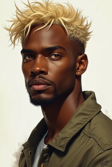  Realistic drawing of a black man,  golden eyes,  blond hair,  beautiful and detailed face , casual clothes, calm posture,  random background .  Every body must be visible and complete in the image.