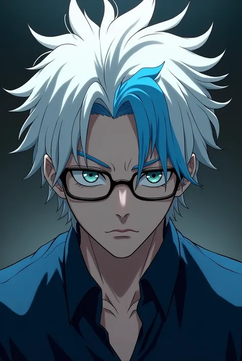  A male character with white hair in the anime , creepy white hair with a small blue patch in the front, Non-prescription glasses, And dark blue dress shirt 