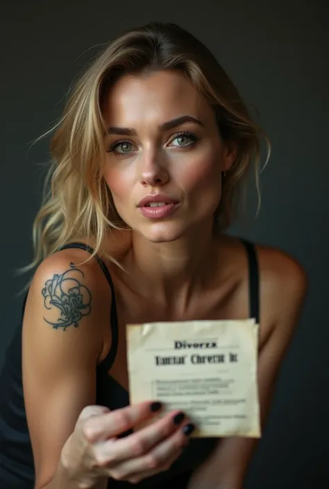 
take a picture of a dark blonde woman who has a visible tattoo of my name and surname, i.e. BARTOSZ CHROMIK, let this woman send me a kiss and a smile, let her also hold in her hand my divorce petition written in Polish for Małgorzata Chromik. It must be ...