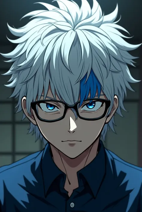  A male character with white hair in the anime , creepy white hair with a small blue patch in the front, Non-prescription glasses, And dark blue dress shirt 