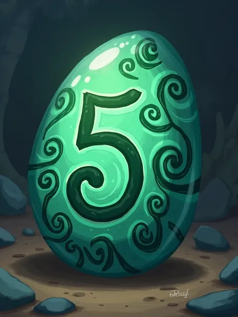 Make a stone that has a 5 in the middle with Disney drawing style from the green tefite stone from the movie Moana, the stone must be oval and have spiral markings