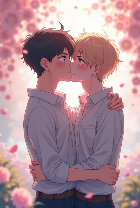 Cute anime boy kissing a guy 