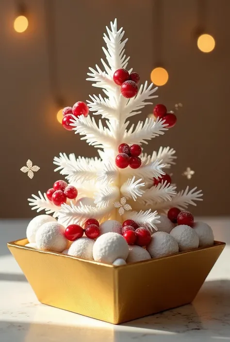 Generate a gift in the shape of a flat white fir tree with red fruits and sugar balls in a golden and rectangular dish 