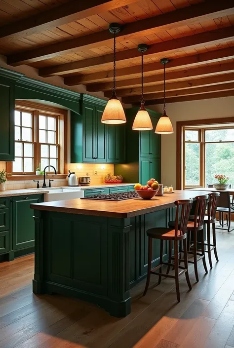  Build me a bright kitchen .  The furniture is dark green and there is a large dark wood center island. Il y a des chaises devant lilot central pour se réunir. The ceiling has wooden beams . 