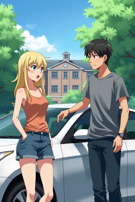 A girl with slightly long blonde hair and blue eyes, of average height standing next to a white car, with a slightly taller black boy, with short black hair, and slightly muscular leaning against the car saying something to the girl and in the background, ...