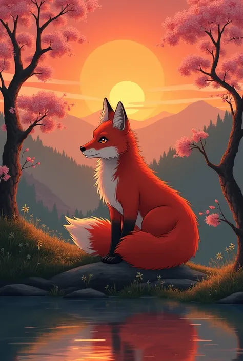 Red and white 9-tailed fox ,  Japanese mythology with sunset ,  following the lines of Studio Ghibli

