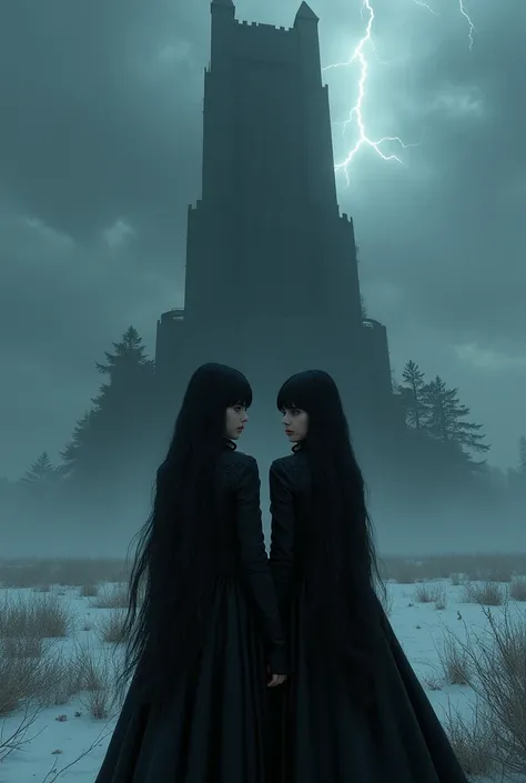 A dark, ominous black tower stands in a frozen, desolate wilderness, with dark clouds looming overhead and lightning flashing across the sky. Two beautiful young women, identical twins with long black hair and bangs, stand side by side, their faces exquisi...