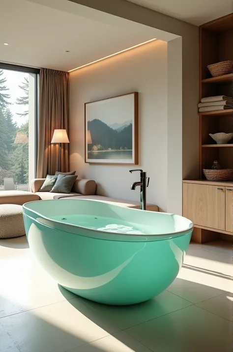 A glass kettle-shaped bathroom inside a well-lighted and furnished living room 