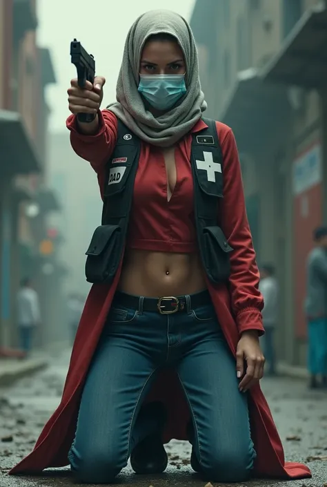 Female doctor is wearing a long sleeve red paramedic top + blue jean pants + sac rouge avec crois blanche qui sappelle DAD sur son gilet noir militaire Glock + He is wearing a surgical mask and a big scarf on his head, il exécute un homme a genoux avec une...