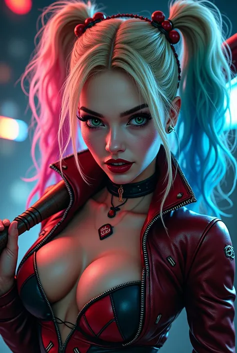  An incredibly sharp and realistic portrait of Harley Quinn ,  the iconic villain of the city of Gotham ,  with an unmistakably tough look that exudes confidence and challenge . her vibrant hair,  a chaotic mix of pink and blue ,  is collected in a wild po...