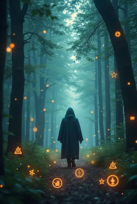 Scene: A mystiek alchemistische wizard walking through a forest filled with glowing, floating symbols—runic letters, sigils, and mystical symbols.

Symbolism: Each symbol pulses with light as the person touches them, revealing hidden knowledge.

Motion: Th...