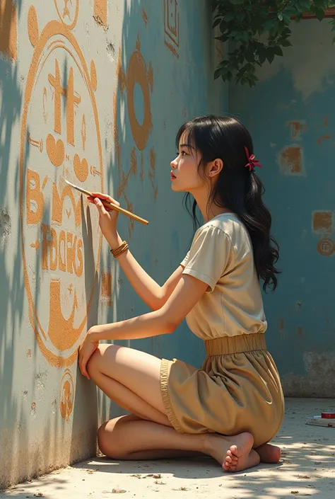 A Girl is setting near a wall and she is painting about knowledge 