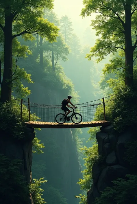 IM RIDING A BIKE OVER A HANGING BRIDGE FULL OF TREES