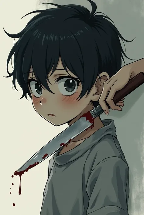 Schizophrenia , 1 anime boy, A knife at the throat, blood