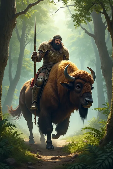 A warior was riding a bushy wooded bison