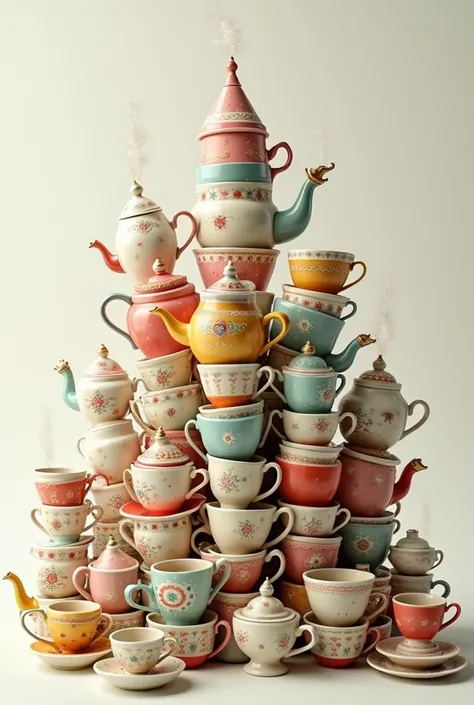 Lots of cups arranged in the shape of a castle, Let them look like they are cups of tea with some teapot also in the form
