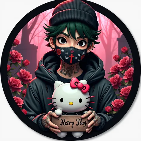  Professional logo with circular format  , Sticker shape  ,  black border , In the background a pink cemetery full of roses , And in the center of the image as the protagonist is a young man holding a Hello Kitty doll ,  the young mans clothing is gray and...