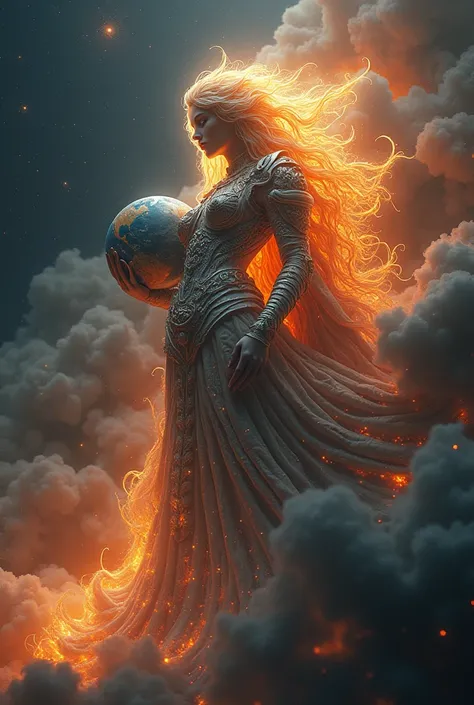 The Great Mary, mother of Jesus  her body is larger than the Earth holding a Cross. her embraces the Earth in the universe. She is clad in dragon armor, adorned with many mysterious glowing elements of dreamlike technology. her hair is as soft as clouds an...