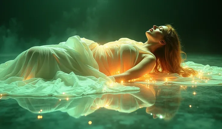 Create a surreal scene where an abstract, mirror-like, glowing sheet is gently draped over a figure(it lies on the ground), completely covering it. The sheet should shimmer and shine like a mirror, reflecting the sky and surrounding landscape in a dreamy, ...