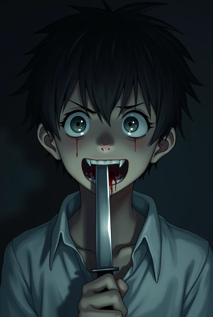 Schizophrenia , 1 anime boy, A knife at the throat, blood, smile