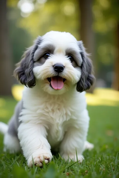 A white and gray Japanese Spaniel dog in a park with trees