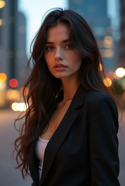 A brunette model , with long, wavy hair, semi new.  She is posing in a modern urban setting ,  with skyscrapers in the background and city lights shining at dusk.  Her expression is confident and serene , highlighting her natural beauty and elegance .