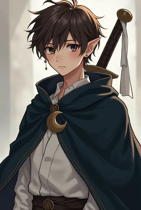  A 17-year-old elf boy  , light skinned ,  brown eyes ,  and wavy brown hair , Serious , of anime ,  with a dark cape over a white tunic ,  and a moon-shaped earring, Without blushing cheeks , and with some freckles on the cheek  , and with a white cloth c...