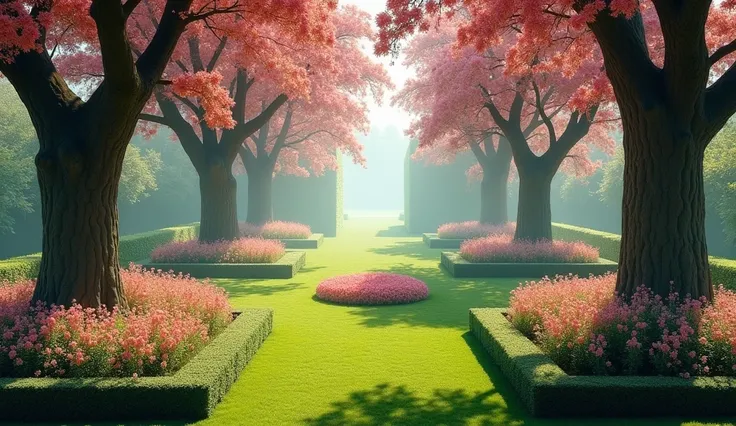 A serene garden scene set in 1940s Europe, featuring three large trees with thick, dark brown trunks adorned with abundant pink flowers. The trees are placed symmetrically along a central grassy path that leads to a circular bed of vibrant pink flowers in ...