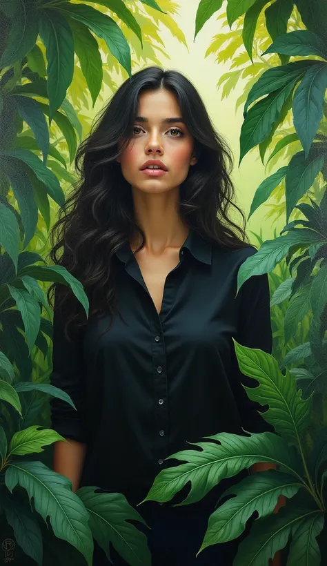 A painting of a woman with a black shirt and green leaves