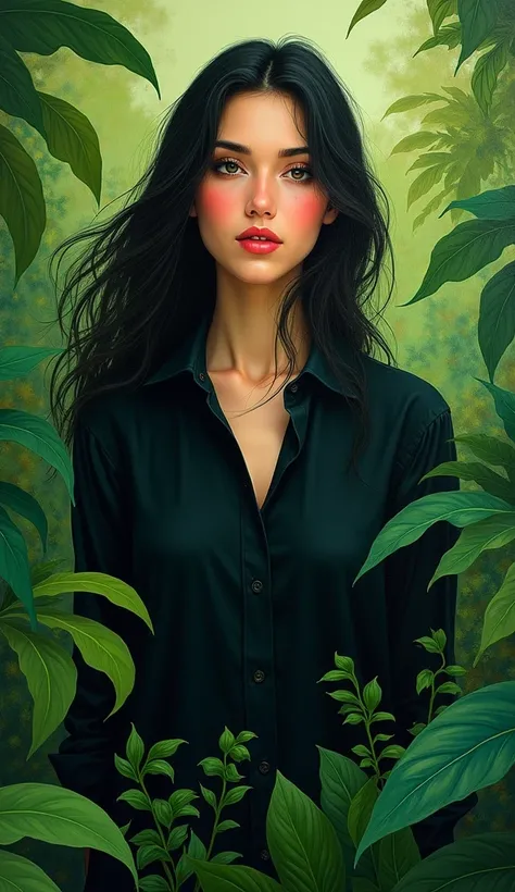 A painting of a woman with a black shirt and green leaves