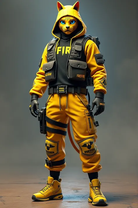 I want a FREEFIRE-style male character WITH A FREEFIRE MASK CAT MASK AND A FREEFIRE TOPSON CHEST AND A YELLOW FREEFIRE ANGELICAL PANTS AND A YELLOW FF SHOE