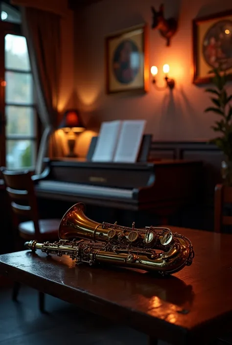  saxophone and piano on the table, コーヒーとmusical instrument,  atmospheric,  empty jazz cafe, great  Composition , Artistic!!!  Composition ,  relaxed vibe , Twilight atmosphere, masterful  Composition !!!, musical instrument,  film noir jazz bar , perfect  ...