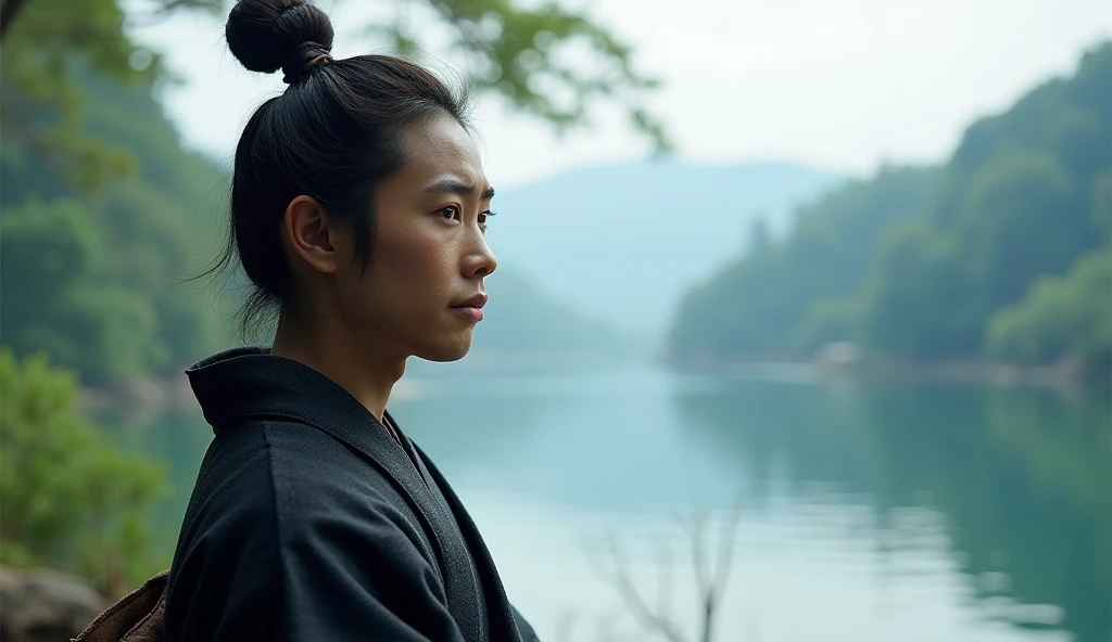 Japanese folk tales, is looking into the distance, excited,  Yan Photo, A samurai wearing a black hakama with a beautiful lake in the background , With a natural look, With a slightly tired look, Tilt your face slightly, Diagonal orientation, Average face