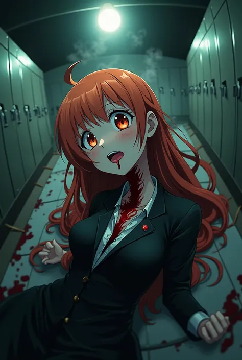 1girl, from_above, Orihime Inoue (Bleach), barefoot,navel, (blood, blood from eyes, blood on face, blood on clothes, blood on ground:1.2), neck sliced, , (fisheye:1.2), orange eyes, horror (theme), light bulb, locker, looking at viewer, toungue out, , crop...