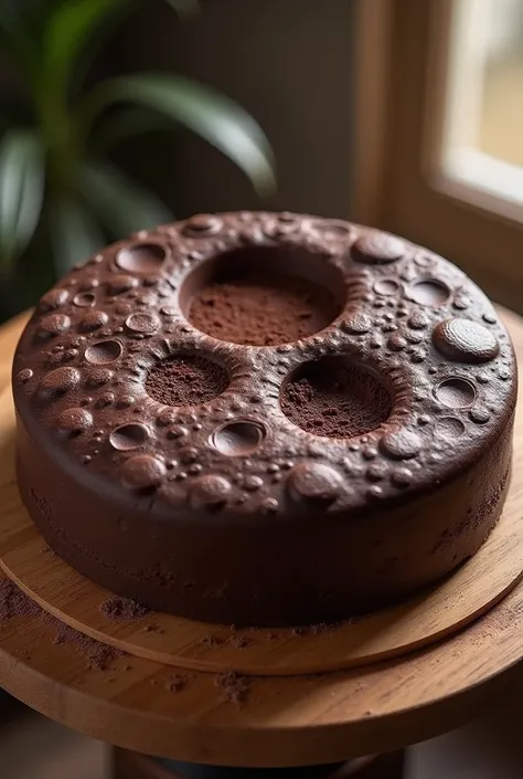 I want a realistic moon cake made of chocolate , but realistic, circular shaped,  as if it were a giant cookie in terms of shape ,  and that is whole of chocolate and the inside of the craters with white chocolate,  I want the realistic moonshaped chocolat...