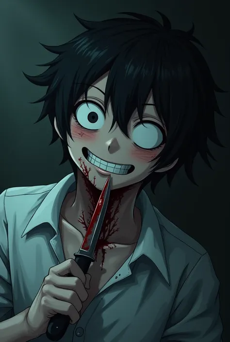 Dead inside, 1 anime boy, A knife at the throat, blood, smile