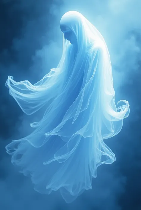  The essence of a translucent spectrum wrapped in a sky blue and bright white .  Soft lines and diffused lights create the impression of ethereal motion , as if the ghost were floating in a parallel world .  The design includes swirls of spectral energy an...