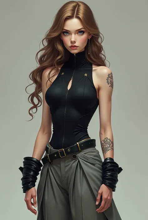 Tall young woman with pale skin , strong arms,  long muscles light brown hair with open and long curls ,gray eyes ,fine line tattoos with small white stars,  high collar black bodysuit without necklines with gold details  , wide gray pants with dark detail...