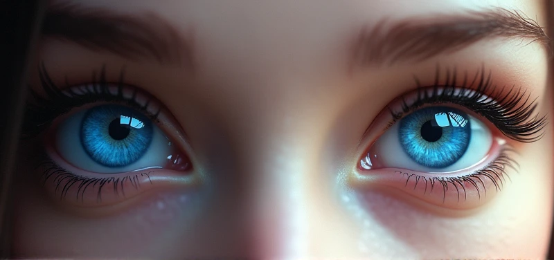 Generate two blue eyes with eyelashes 