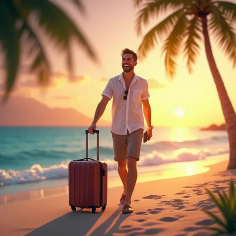  A smiling entrepreneurial person enjoying their personal life on a paradisiacal trip ,  walking relaxed on the beach at sunset ,  with a cell phone in her hand , But worry-free .  The cell phone displays automatic notifications being answered successfully...