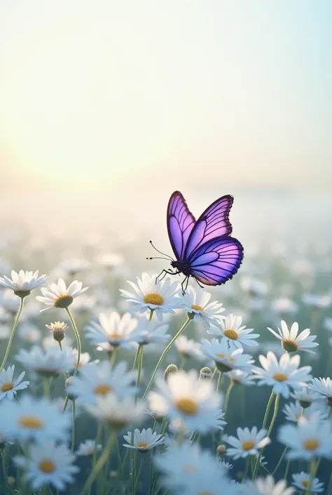 Fields of white flowers with a purple butterfly 