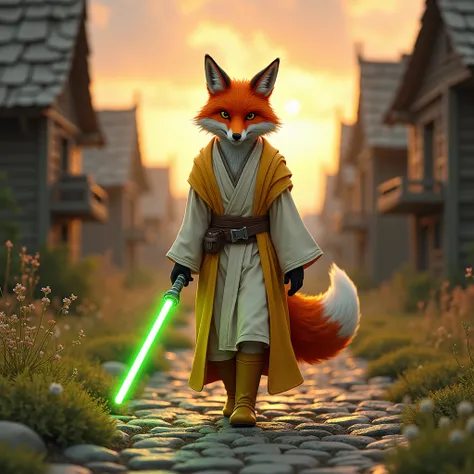  A red fox with a male humanoid body ( realistic ).  170 centimeters tall .  wears white and yellow Jedi robes .  He wears yellow boots .  She wears a single-leaf lightsaber in green . He is walking along a cobblestone path .  Around him are abandoned hous...