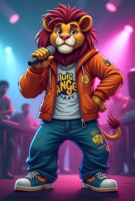 An animated rapper lion wearing a t-shirt and a hood that says Luis Angel