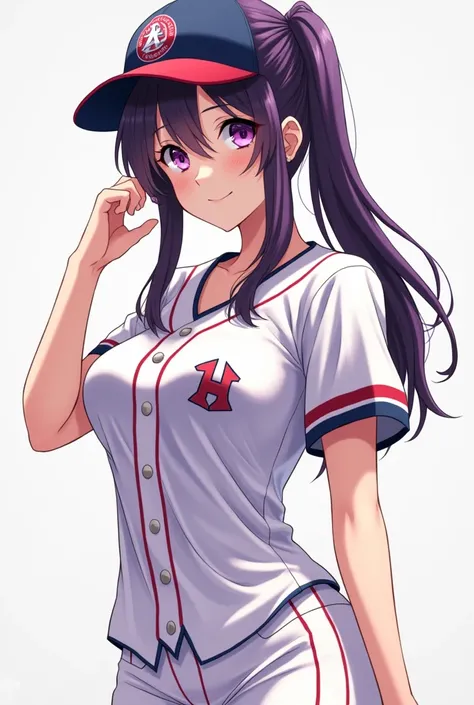 Japanese animation style、High school girl、Baseball uniform 、 Baseball Cap 、Dark Purple Long Hair、single ponytail、 purple pupils、 full breasts 、From Taiwan