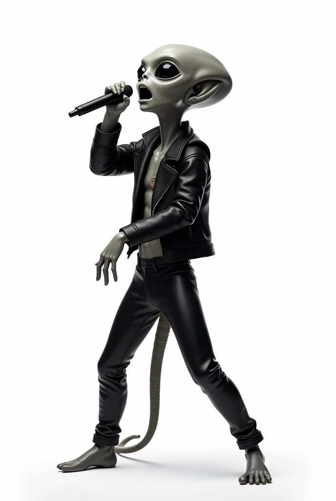 "Create a full-body depiction of a gray extraterrestrial singing passionately. The alien should have its signature large black almond-shaped eyes, smooth gray skin, and a slender frame. Its posture and expression should convey intensity, as if performing i...