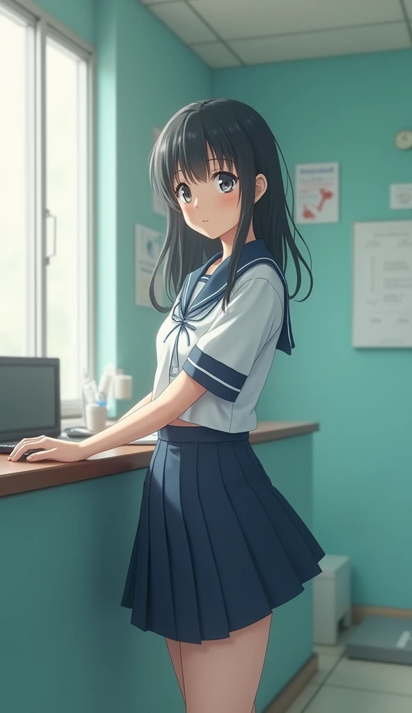 Japanese high school girl 、 standing at the reception desk of a medical clinic 。
 wear a uniform、 has an uneasy expression 。
The lighting is soft and natural、
 The photo has a vertical composition and realistic style 。
 key elements ：
 - High School Girl i...