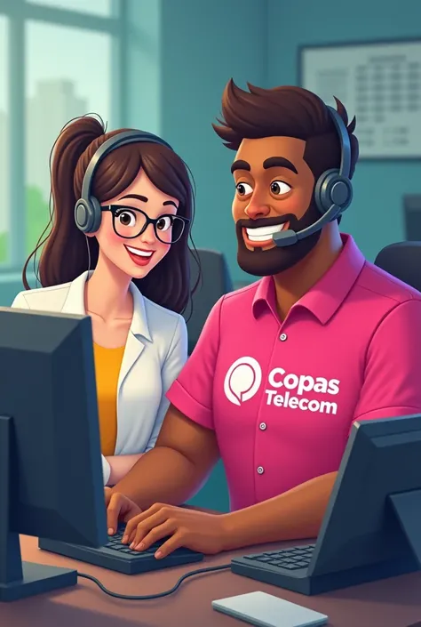 Chat create an image of a half-chubby white woman with glasses and a telemarketing phone together with her friend a brown man with a telemarketing phone wearing a pink shirt written by COPAS TELECOM 