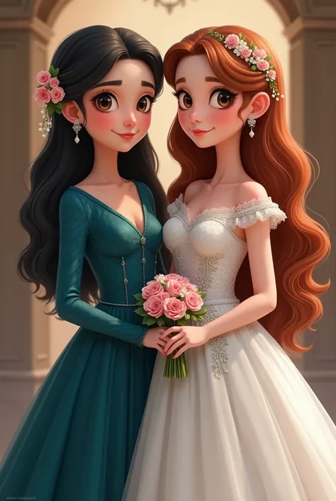  My sister-in-law has very curly hair and has long hair, , curly and black hair, She has slanted eyes ,  she wears a petrol blue dress and is at my wedding ,  I wear a white princess dress my hair is copper and Im very white.